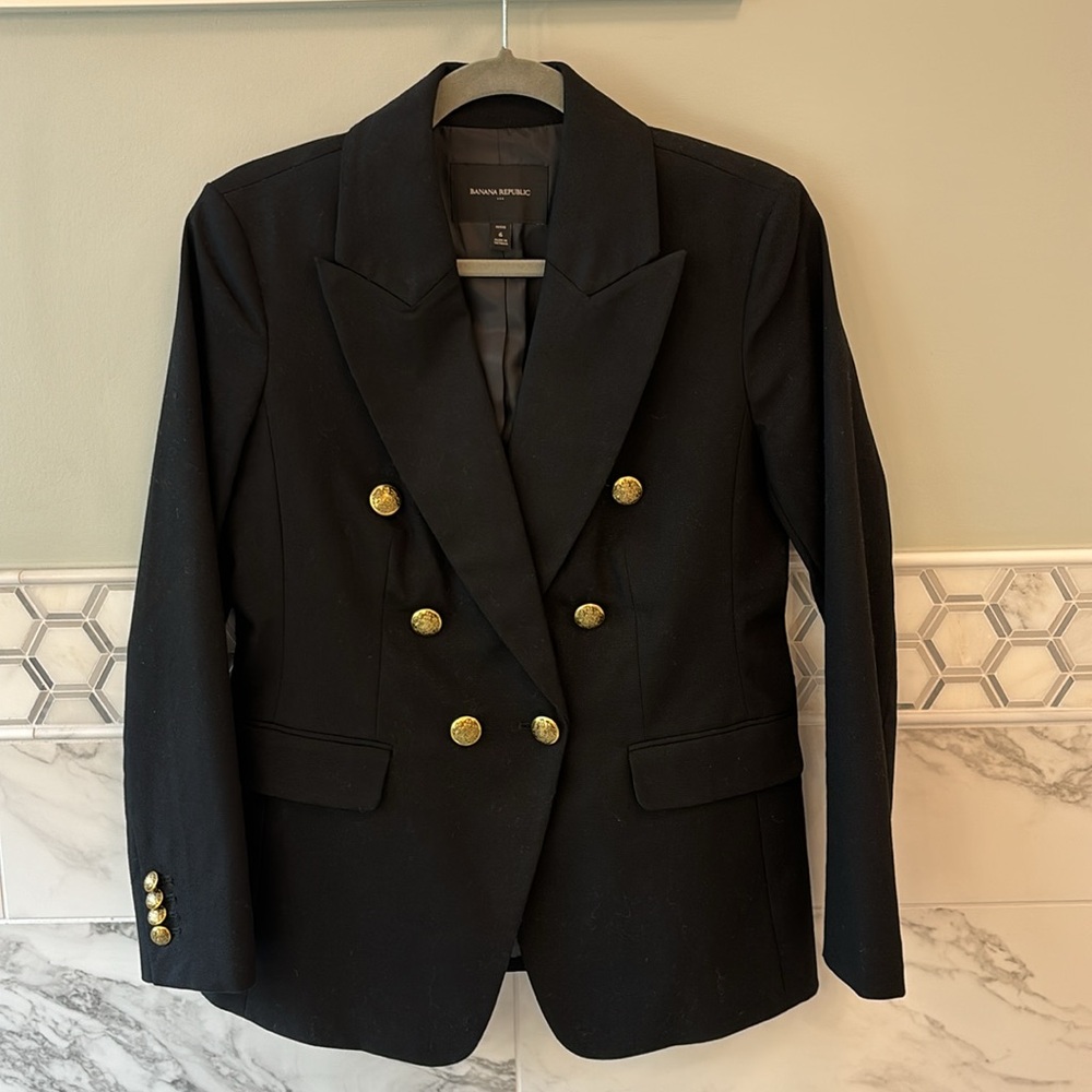 Banana Republic Factory ICON BLAZER Double Breasted Gold Button // Black #569851